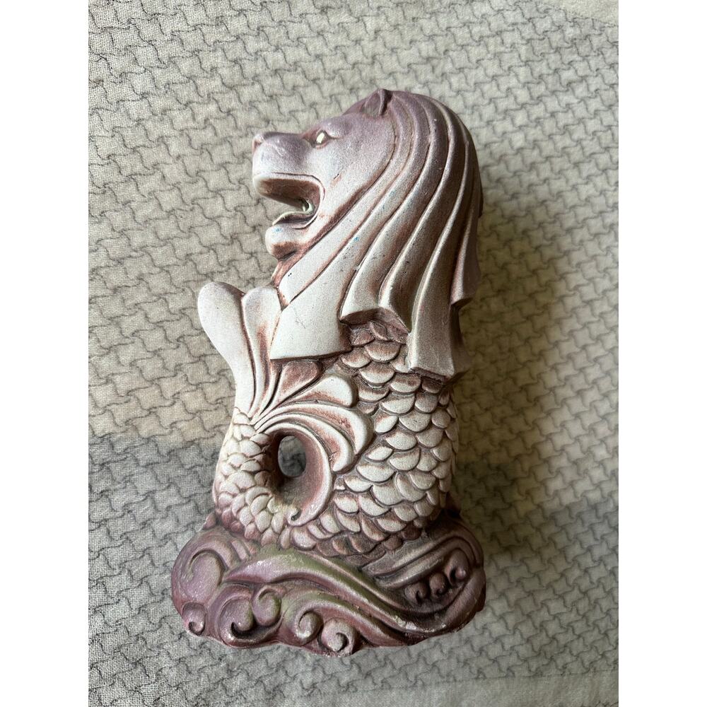 Vintage Singapore Merlion Statue Lion Head Fish tail handmade pottery signed